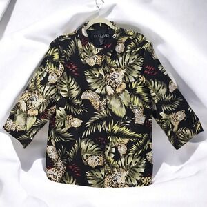VTG Silk Land Leopard Print Button Down Jacket Tropical Palm Woman 1X Lined READ